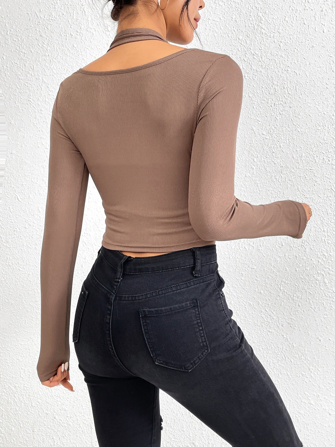 Slim fit knitted long sleeved sewing thread exposed hanging neck T-shirt fashion top - Fashionner