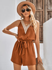 Casual Jumpsuit Lace V-neck Sleeveless Tops Tie-up Shorts Summer Beach Clothes - Fashionner