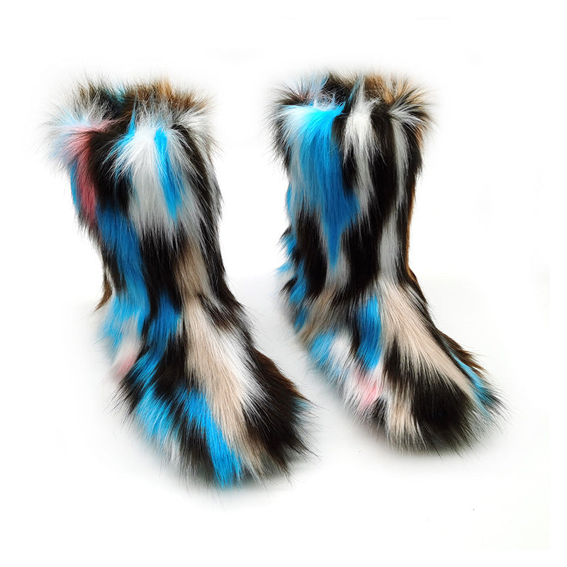 Women's Plush Snow Boots Plus Size Color Flat Women's Mid Boots - Fashionner