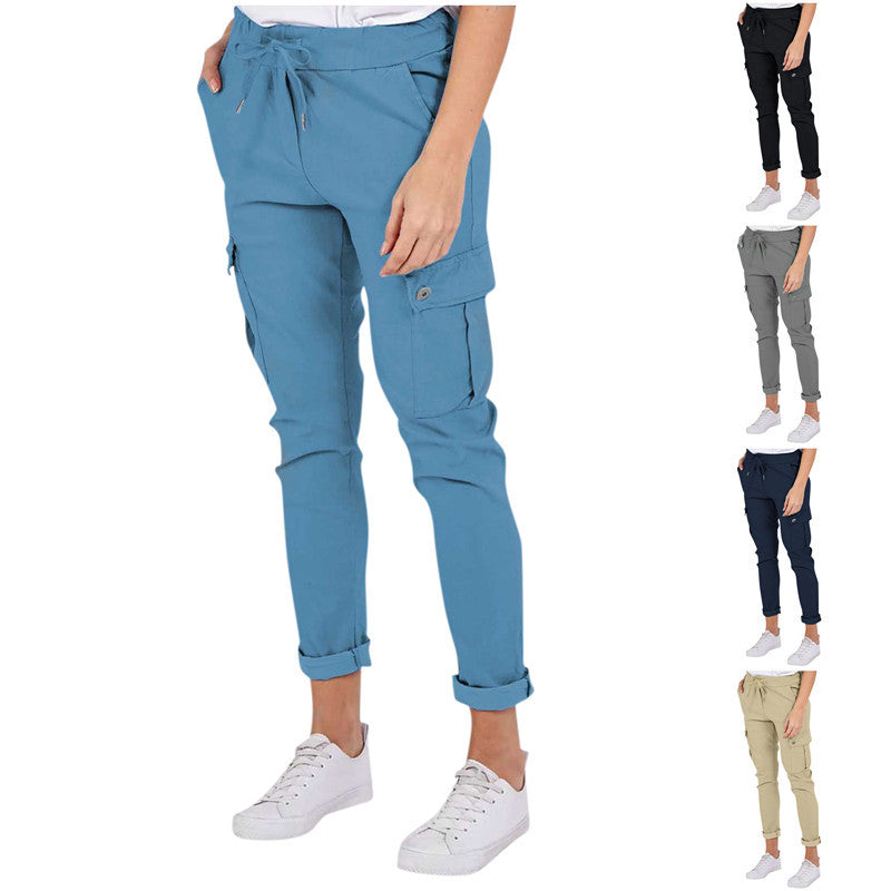 Casual Cargo Pants With Pockets Solid Color Drawstring Waist Pencil Trousers For Women - Fashionner