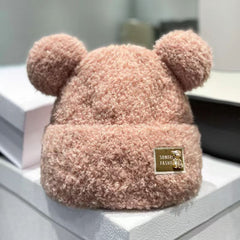 Winter Plush Bonnet Cute Bear Makes Face Look Smaller Metal Label - Fashionner