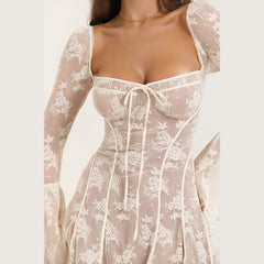 Lace Square Collar Dress Bell-bottom Long Sleeve Tied A- Line Dresses Womens Clothing - Fashionner