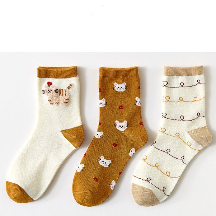 Three Pairs Of Women's Cartoon Food Printed Cotton Socks - Fashionner