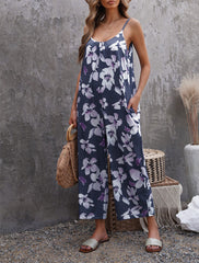 Flowers Print Suspender Jumpsuit With Pockets Spring Summer Fashion Round-neck Overalls For Womens Clothing - Fashionner