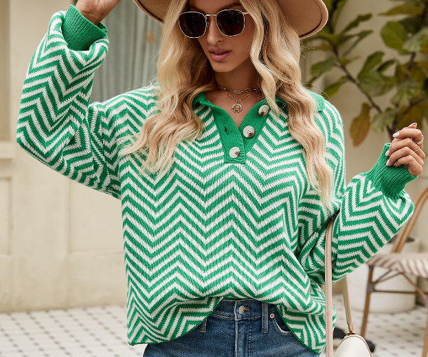 Fashionable striped knit sweater for women with long sleeved color matching lapel sweater for women - Fashionner