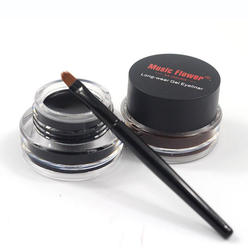 Music Flower 2 in 1 Coffee + Black Gel Eyeliner Make Up Waterproof Eye Liner Cosmetics Set Eyeliner Pens Makeup Brushes Set - Fashionner