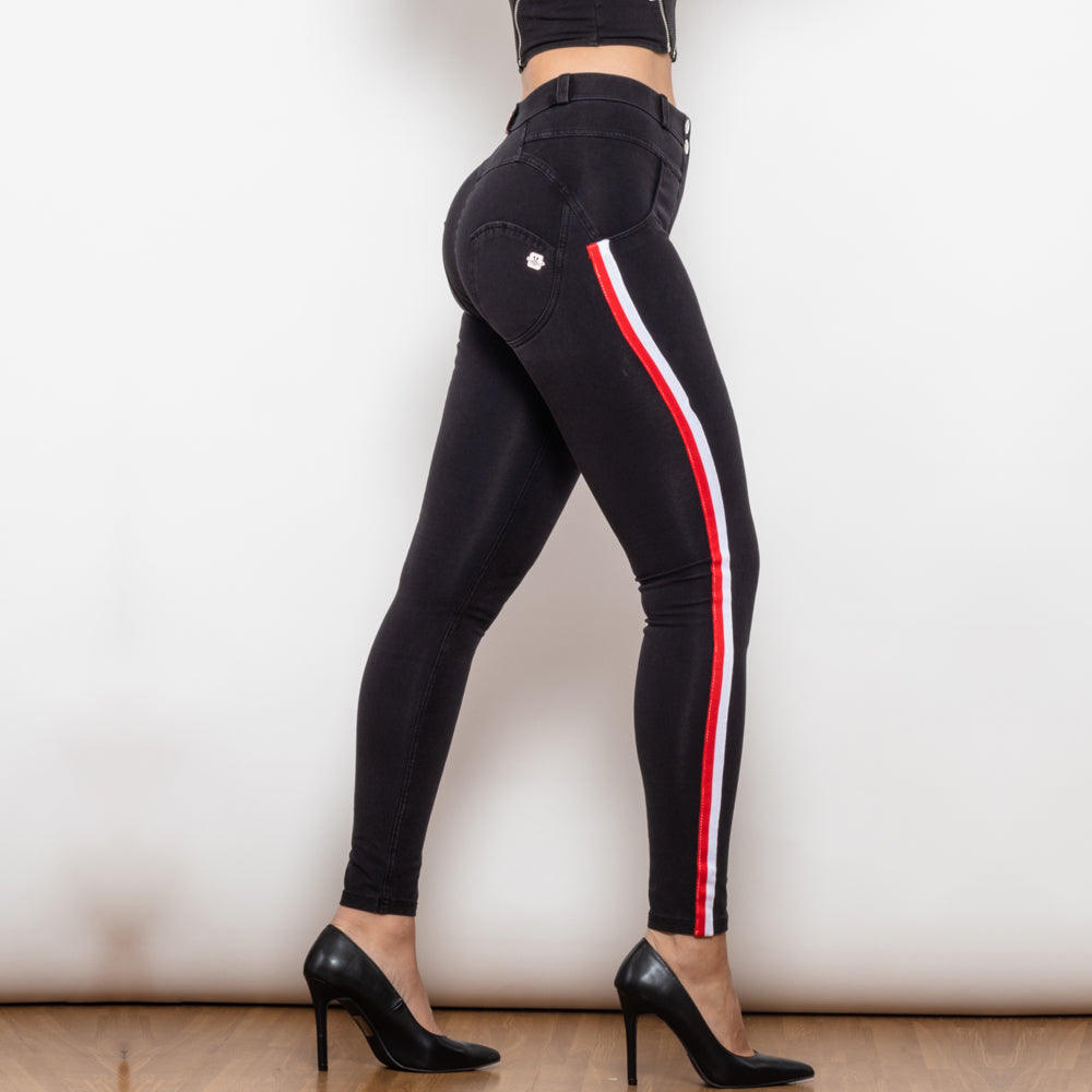 Shascullfites Melody Middle Waist Dark Thread Black Jeans With White&Red Stripe Pants Women Butt Lift Jeans Shaping Pants - Fashionner