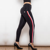 Shascullfites Melody Middle Waist Dark Thread Black Jeans With White&Red Stripe Pants Women Butt Lift Jeans Shaping Pants - Fashionner