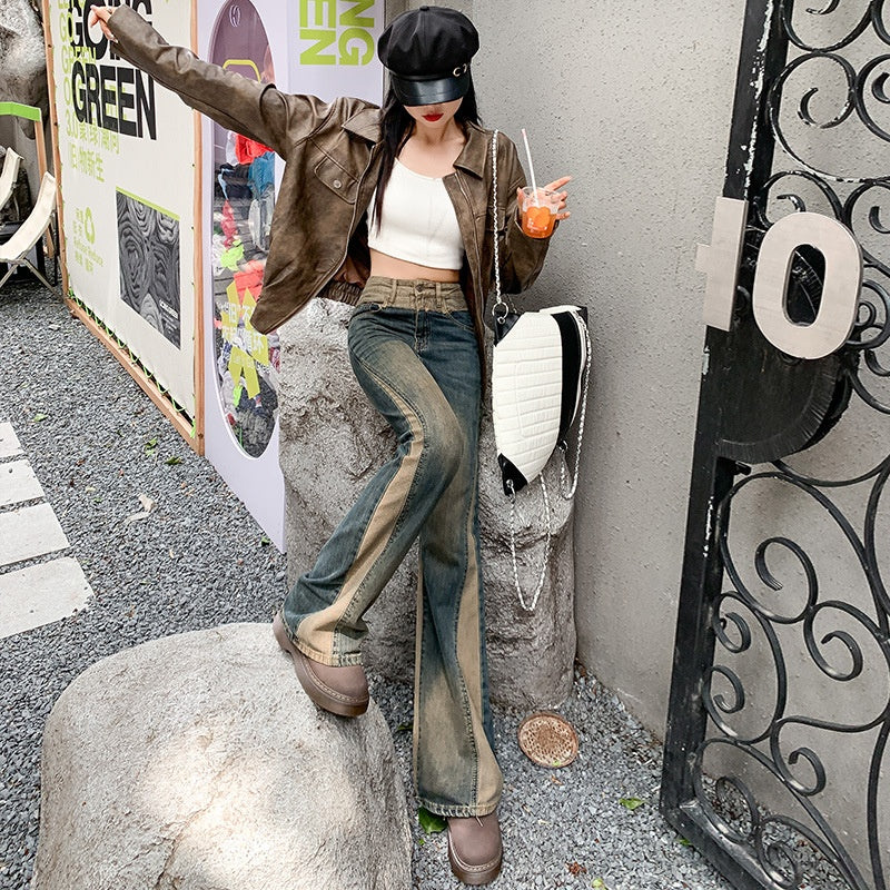 Patchwork Retro Contrast Color Flared Jeans - Fashionner