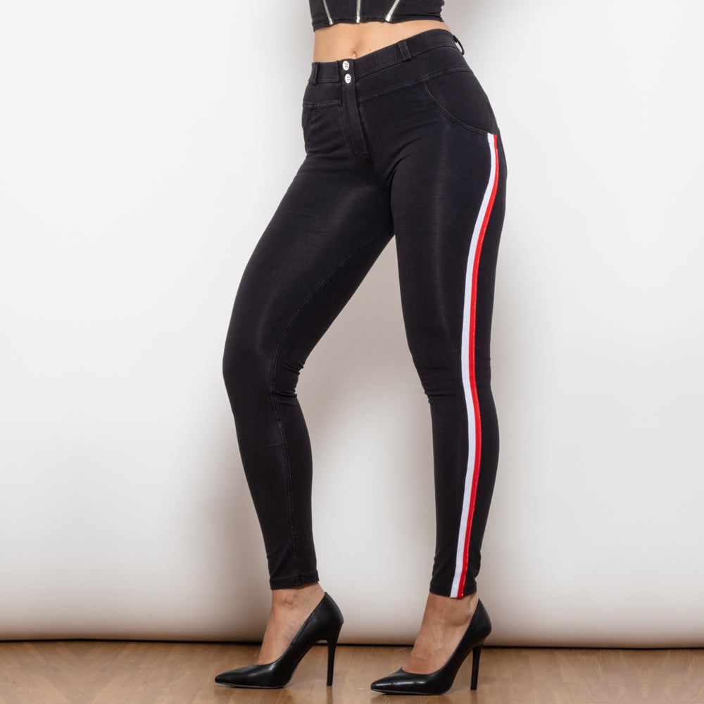 Shascullfites Melody Middle Waist Dark Thread Black Jeans With White&Red Stripe Pants Women Butt Lift Jeans Shaping Pants - Fashionner