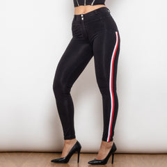 Shascullfites Melody Middle Waist Dark Thread Black Jeans With White&Red Stripe Pants Women Butt Lift Jeans Shaping Pants - Fashionner