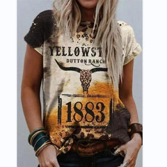 Women's T-shirt Summer Irregular Digital Printing Fashion Loose V-neck Color Short Sleeve Top - Fashionner