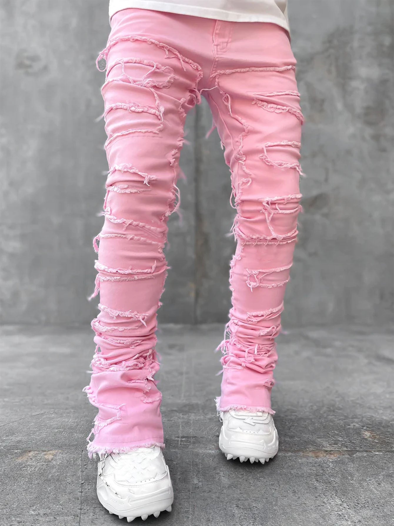 Men Trousers Individual Patched Pants Long Tight Fit Stacked Jeans For Mens Clothing - Fashionner