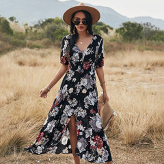 Floral Summer Beach Dress With V Neck Elastic Waist Dresses For Women - Fashionner