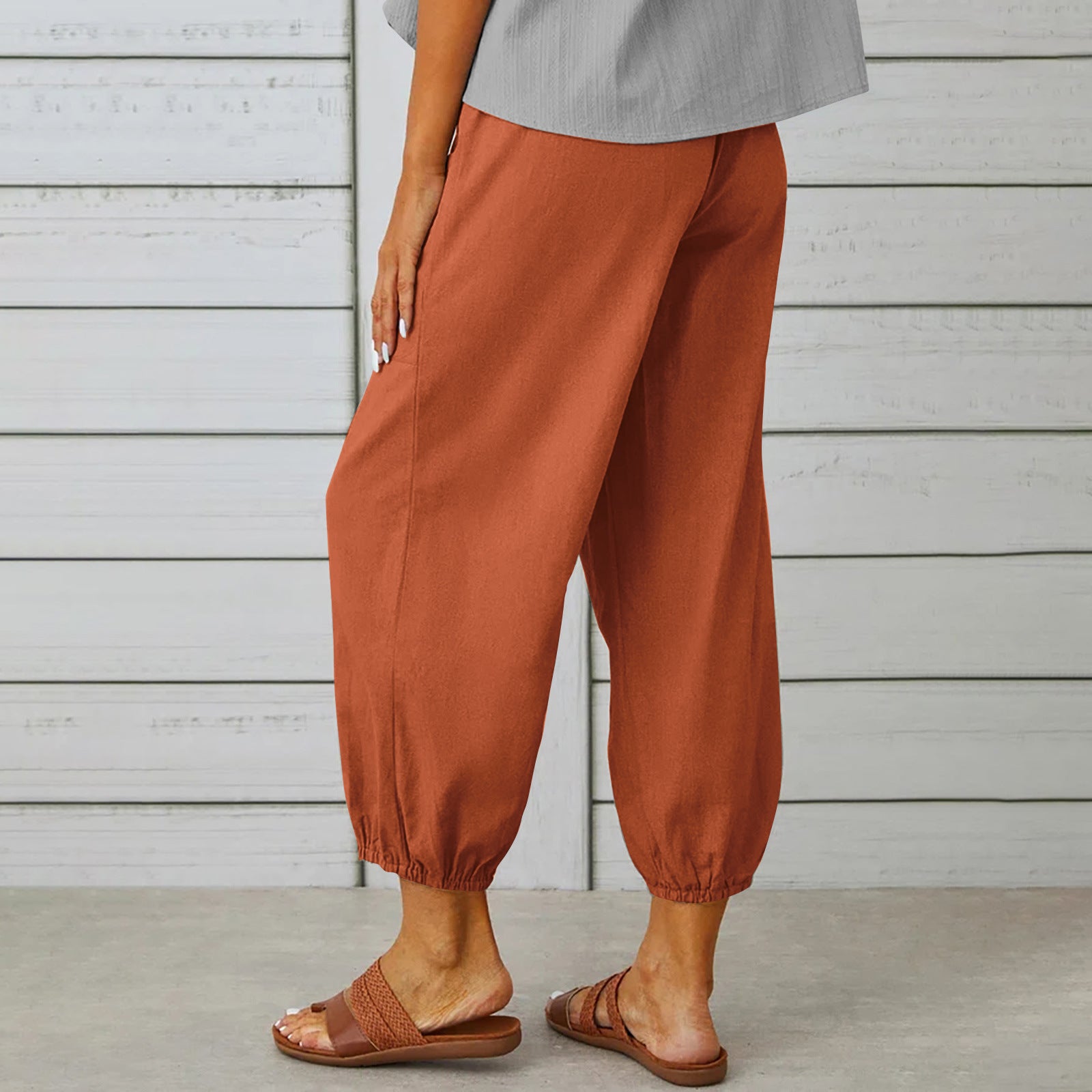 Women Drawstring Tie Pants Spring Summer Cotton And Linen Trousers With Pockets Button - Fashionner