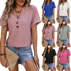 New Hollow Circle Design T-shirt V-neck Button Solid Color Short-sleeved T-shirt Tops For Womens Clothing - Fashionner