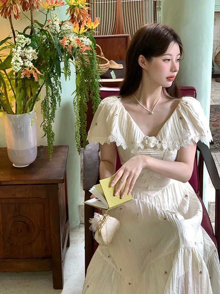 French Vintage Embroidered Floral Dress - Fashionner