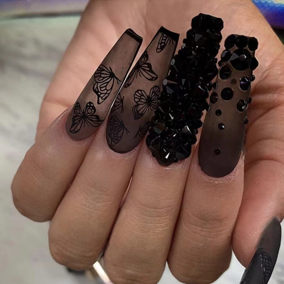 Phantom Dark Butterfly Fake Nails Long T Finished Black Frosted Removable Wear Armor - Fashionner