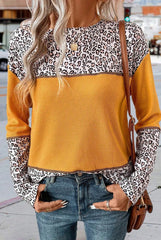European And American Pullover Round Neck Leopard Splicing Waffle Sweater - Fashionner