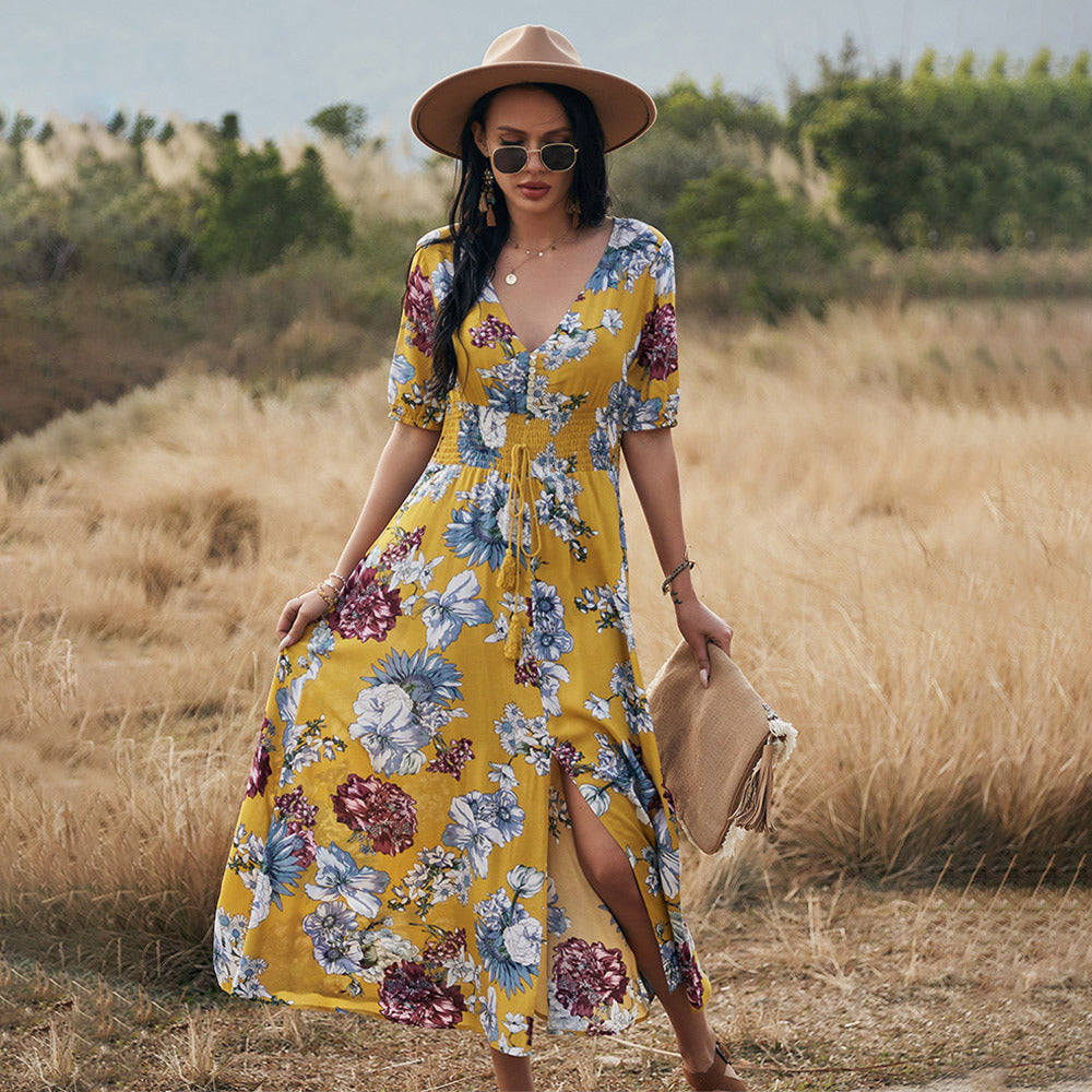 Floral Summer Beach Dress With V Neck Elastic Waist Dresses For Women - Fashionner