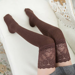 Japanese and Korean New Lace Knee Socks Spring and Autumn Cotton Vertical Stripe Stockings Non slip High thigh Stockings - Fashionner