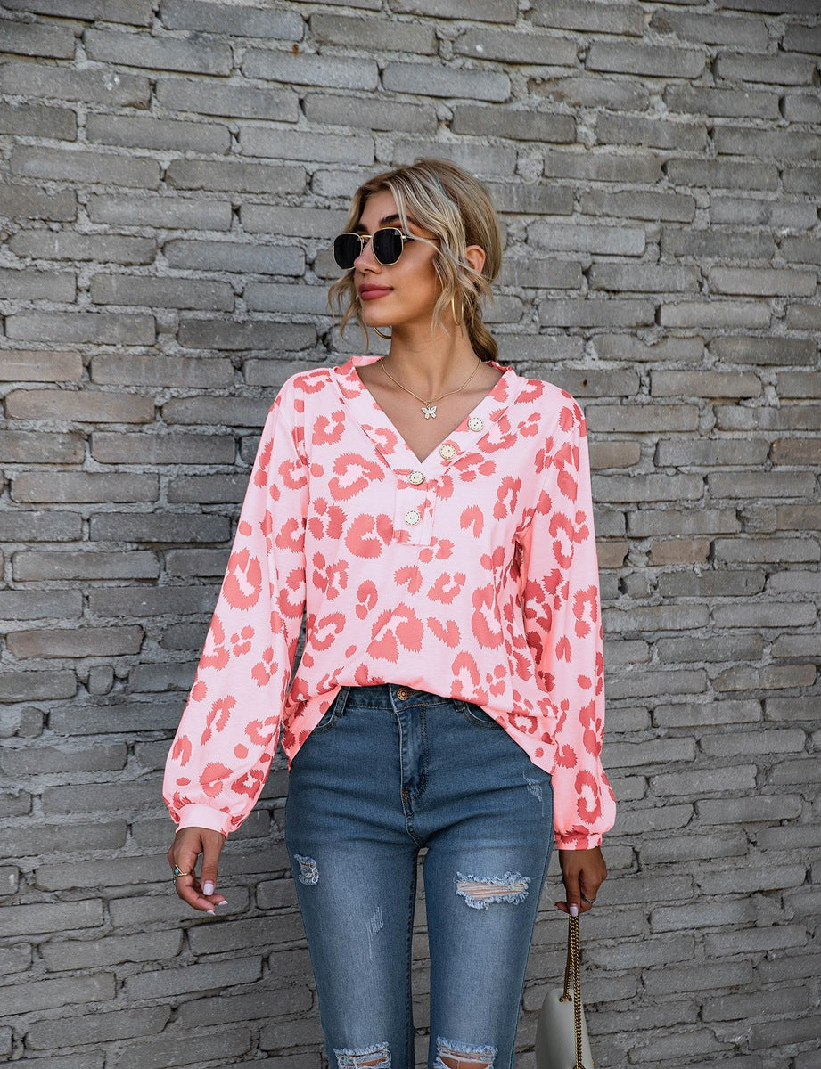 Leopard Print Printed V-neck Off-the-shoulder Long Sleeve T-shirt - Fashionner