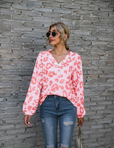 Leopard Print Printed V-neck Off-the-shoulder Long Sleeve T-shirt - Fashionner