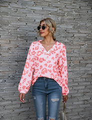 Leopard Print Printed V-neck Off-the-shoulder Long Sleeve T-shirt - Fashionner