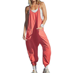 Summer Women's Loose Sleeveless Jumpsuits Spaghetti Strap Long Pant Romper Jumpsuit With Pockets Zipper - Fashionner