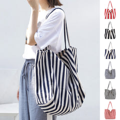 Striped Canvas Bags High Capacity Shoulder Bags For Women Fashion Shopper Handbags Casual Shopping Totes - Fashionner