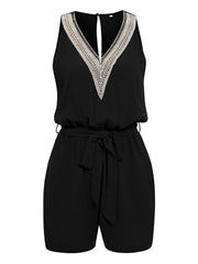 Casual Jumpsuit Lace V-neck Sleeveless Tops Tie-up Shorts Summer Beach Clothes - Fashionner