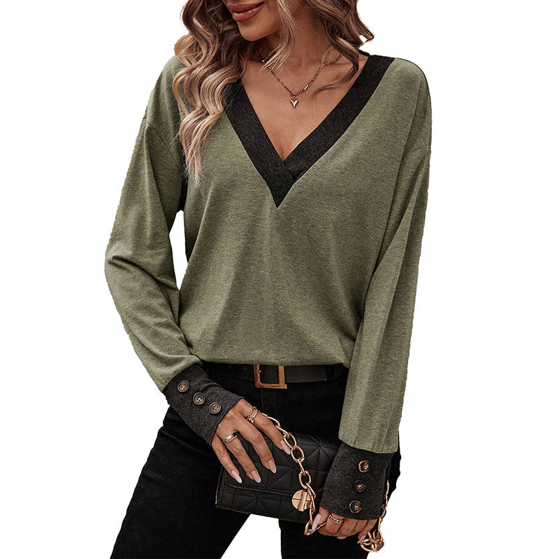 Women's Fashion Casual Loose-fitting V-neck Long Sleeves T-shirt - Fashionner
