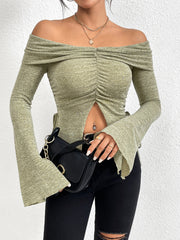 One line neckline split flared sleeve long sleeved knitted T-shirt top - Fashionner