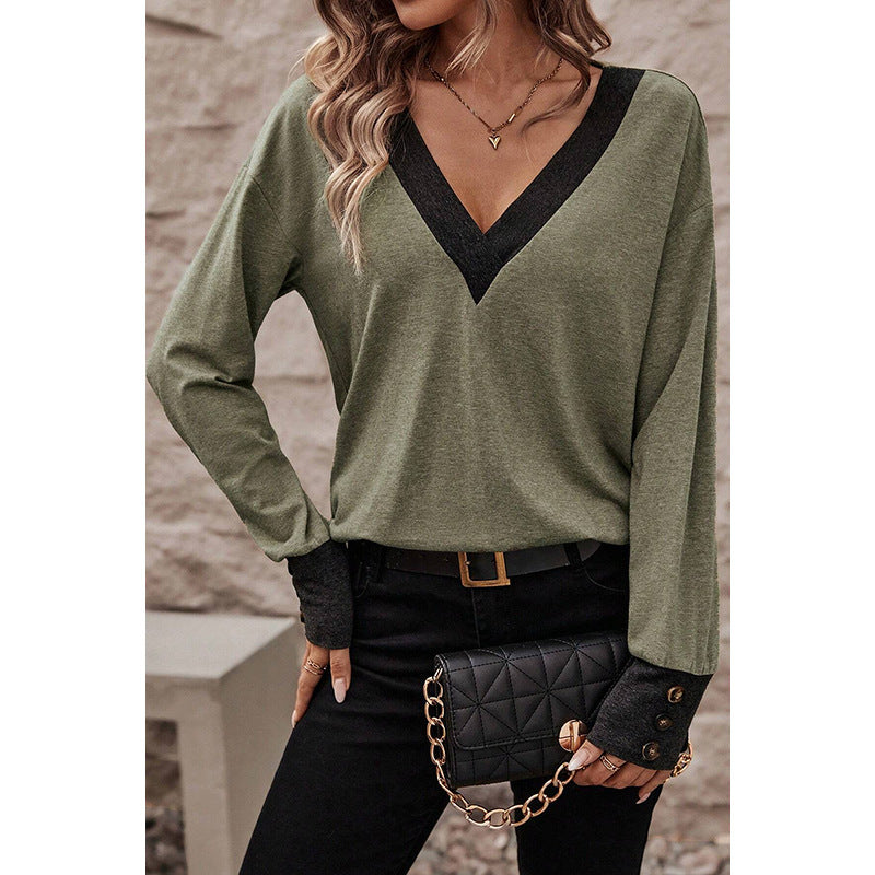Women's Fashion Casual Loose-fitting V-neck Long Sleeves T-shirt - Fashionner