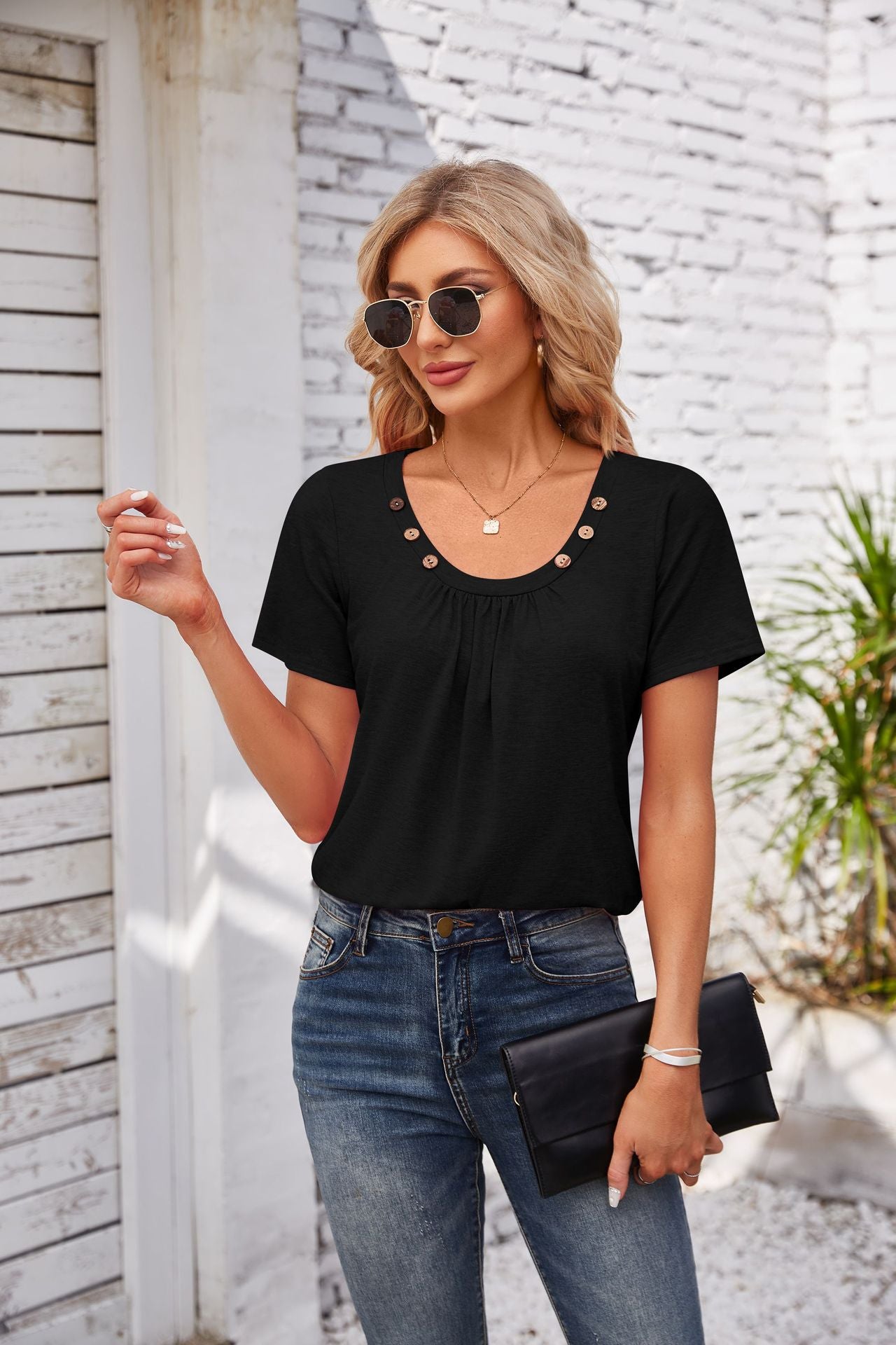 Women's Short-sleeved T-shirt Summer Button Square Collar Pleated Design Solid Color Loose T-shirt Womens Clothing - Fashionner