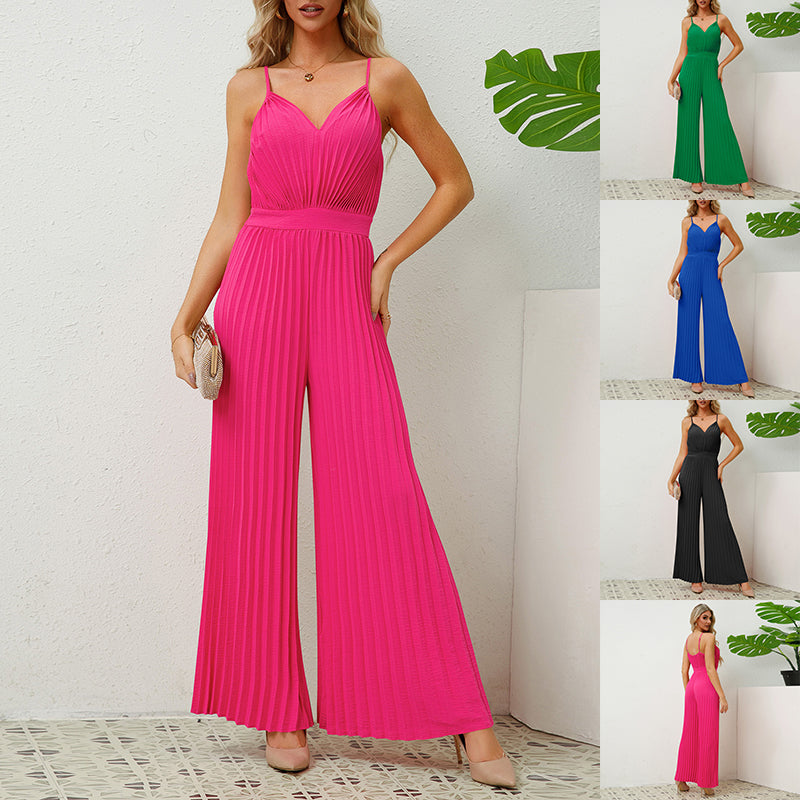 V-neck Suspender Pleated Jumpsuit Solid Color Loose Straight Pants Womens Clothing - Fashionner