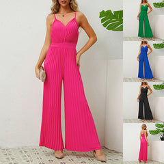 V-neck Suspender Pleated Jumpsuit Solid Color Loose Straight Pants Womens Clothing - Fashionner