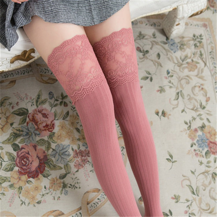Japanese and Korean New Lace Knee Socks Spring and Autumn Cotton Vertical Stripe Stockings Non slip High thigh Stockings - Fashionner
