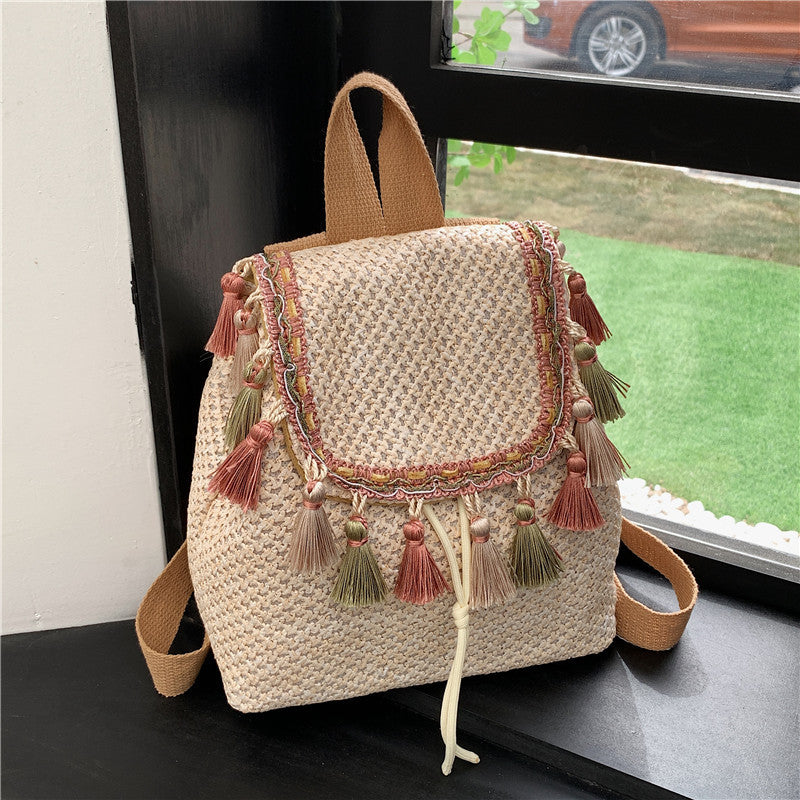 Western Style Travel Women's Straw Backpack Bohemian Style Tassel Bag - Fashionner