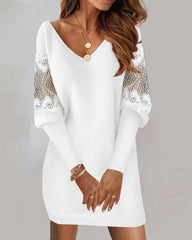 Long-sleeved V-neck Dress Spring And Autumn New Style Lace Splicing Dress For Womens Clothing - Fashionner