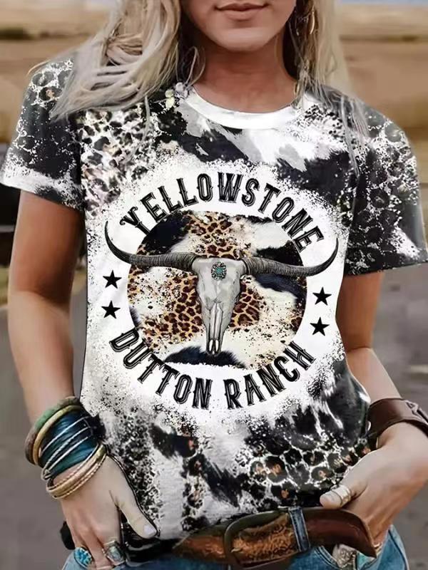 Women's T-shirt Summer Irregular Digital Printing Fashion Loose V-neck Color Short Sleeve Top - Fashionner