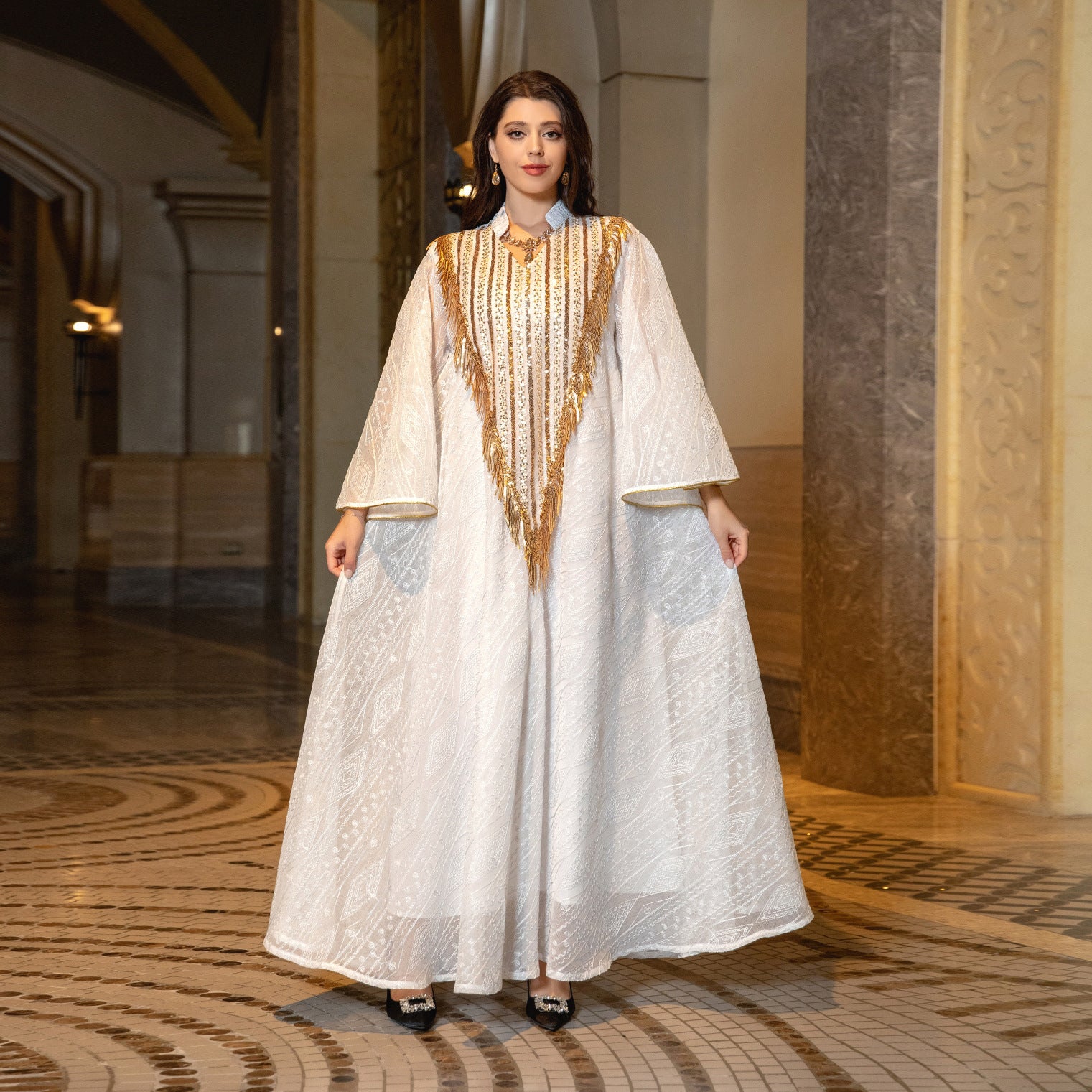 Festival Evening Dress Arabic Dubai Mesh Embroidered Sequins Robe Middle East - Fashionner