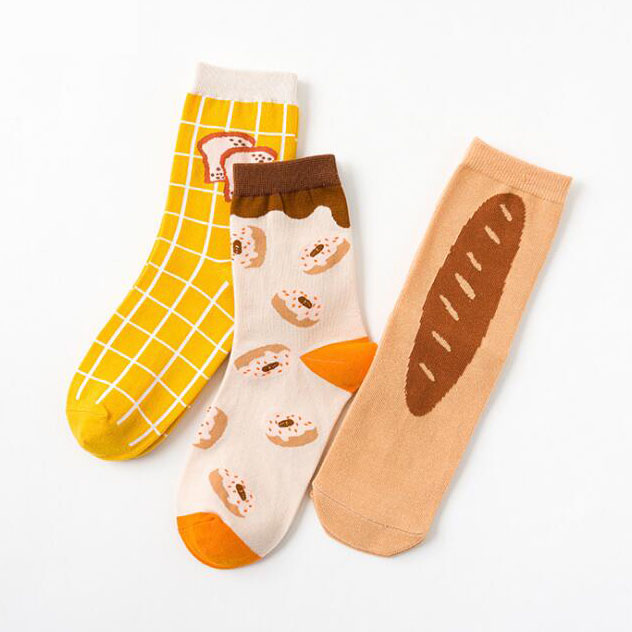 Three Pairs Of Women's Cartoon Food Printed Cotton Socks - Fashionner
