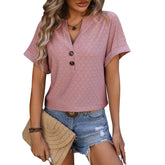 New Hollow Circle Design T-shirt V-neck Button Solid Color Short-sleeved T-shirt Tops For Womens Clothing - Fashionner
