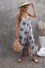 Flowers Print Suspender Jumpsuit With Pockets Spring Summer Fashion Round-neck Overalls For Womens Clothing - Fashionner
