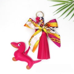 Tassel Leather Sausage Dog Pendant Bag Ornament Silk Scarf Keychain Schoolbag Pendant