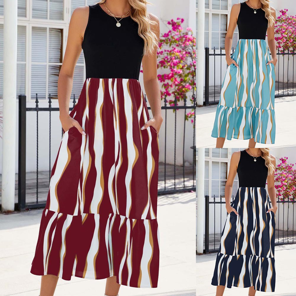Round Neck Sleeveless Long Dress Summer Fashion Striped Print Dresses Womens Clothing - Fashionner