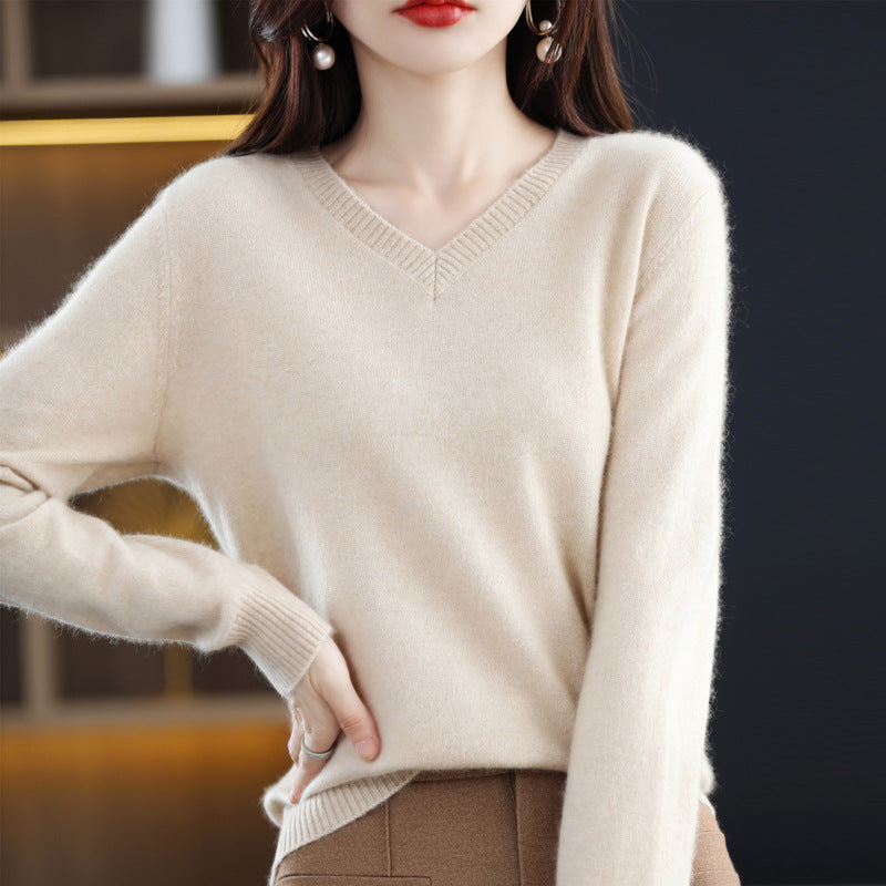 Women's V-neck Loose Pullover Long Sleeve Sweater - Fashionner