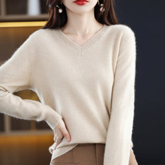 Women's V-neck Loose Pullover Long Sleeve Sweater - Fashionner