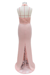 Sleeveless Halter Dress Lace Banquet Evening Dress